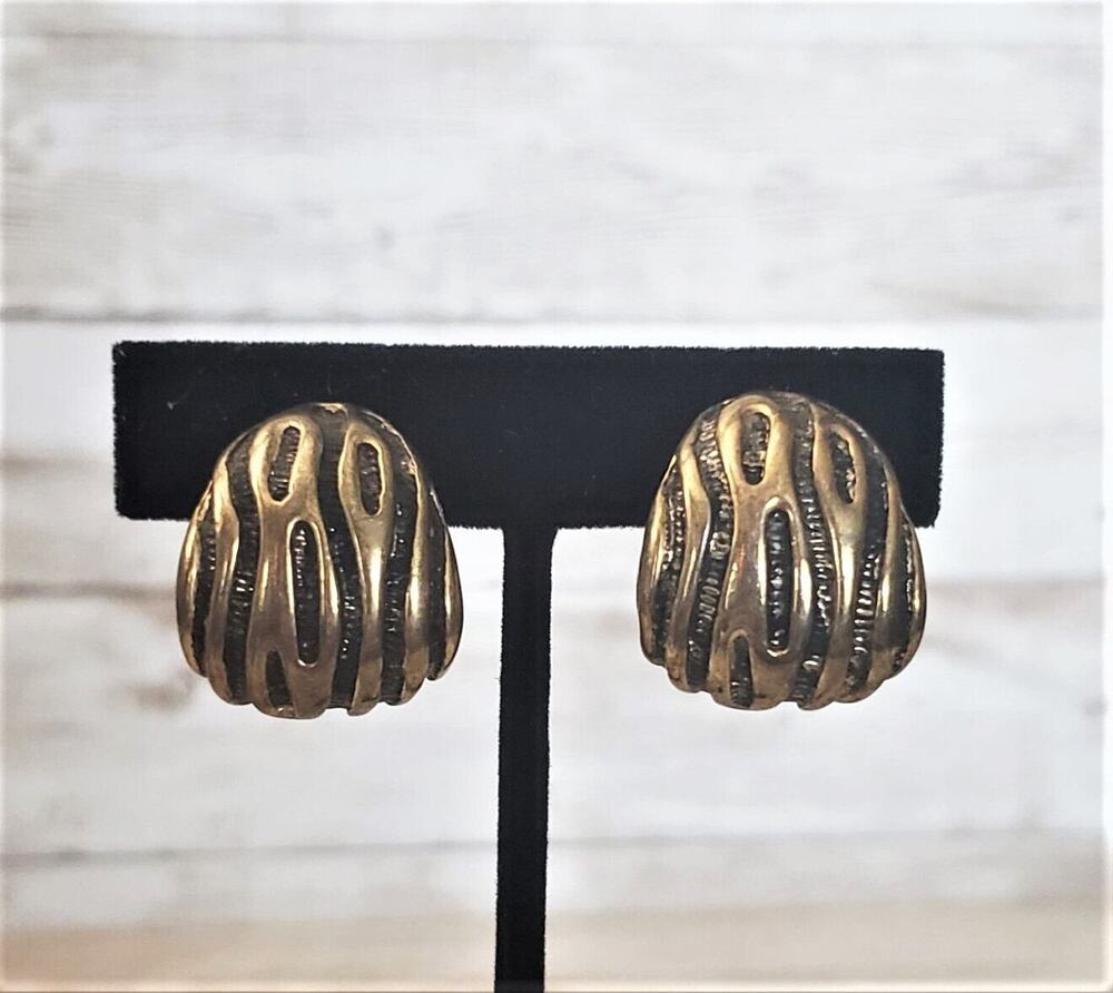 Vintage Clip On Earrings - Unusual Chunky Gold Tone with Design 1"
